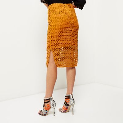 Orange circle lace pencil skirt